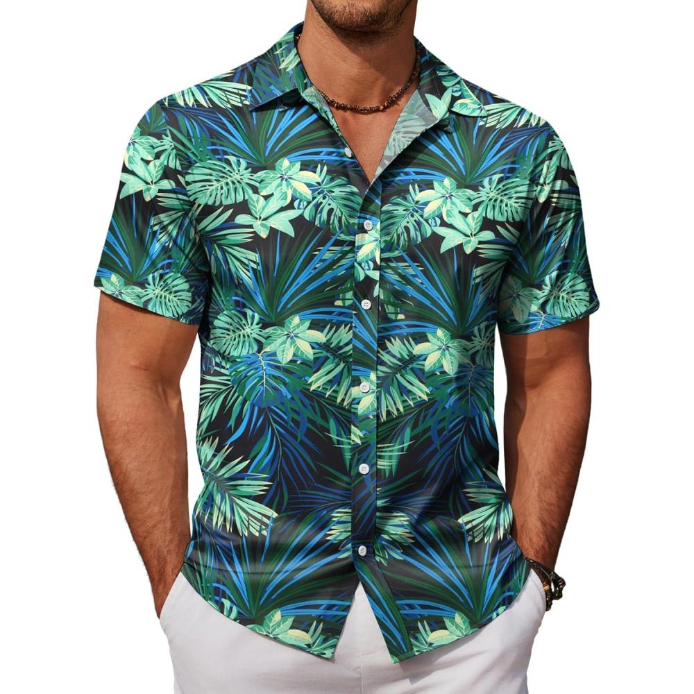 imageCOOFANDY Mens Hawaiian Shirts Short Sleeve Button Down Aloha Shirt Casual Beach ClothesBlack Blue  Green Leaf