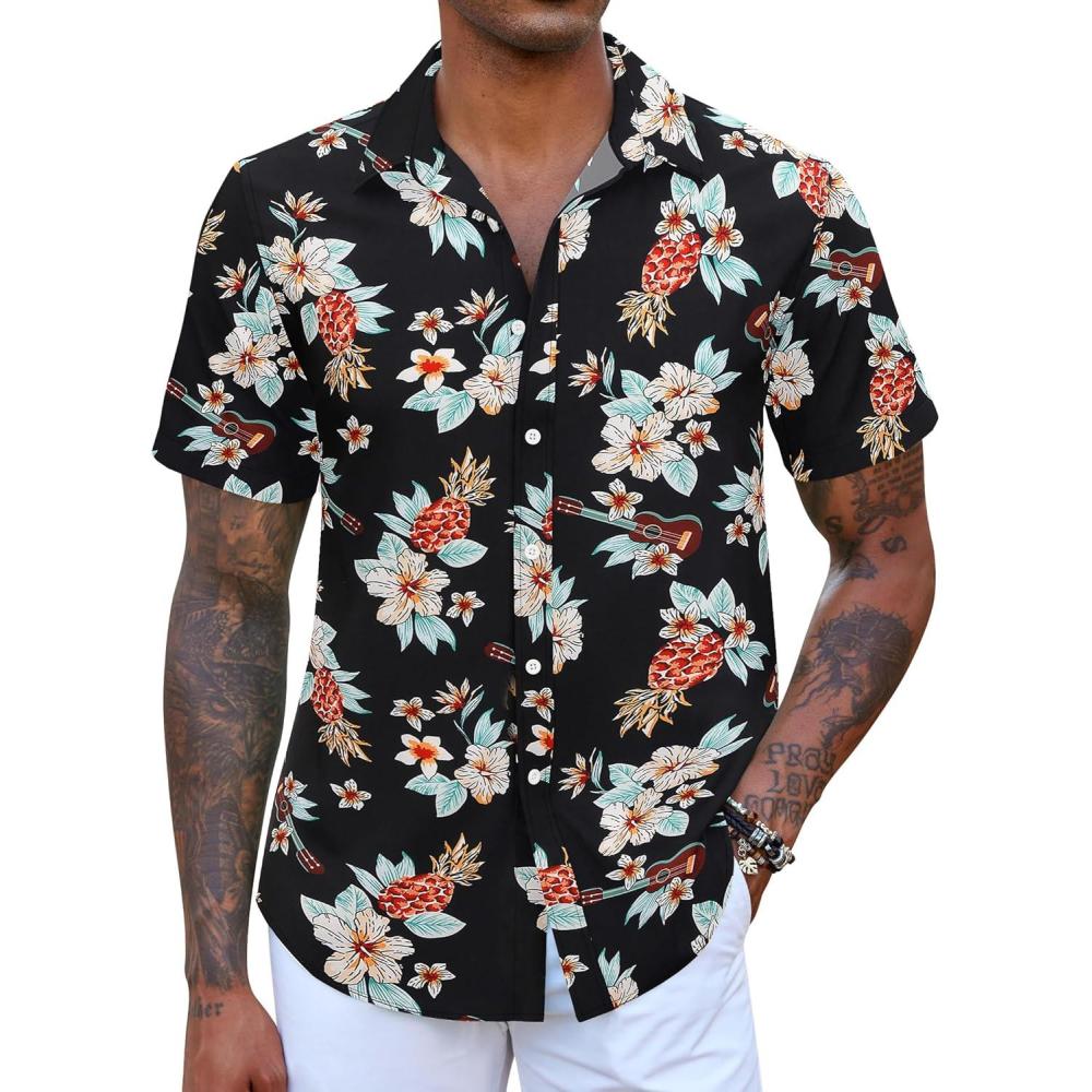 imageCOOFANDY Mens Hawaiian Shirts Short Sleeve Button Down Aloha Shirt Casual Beach ClothesBlack Guitar