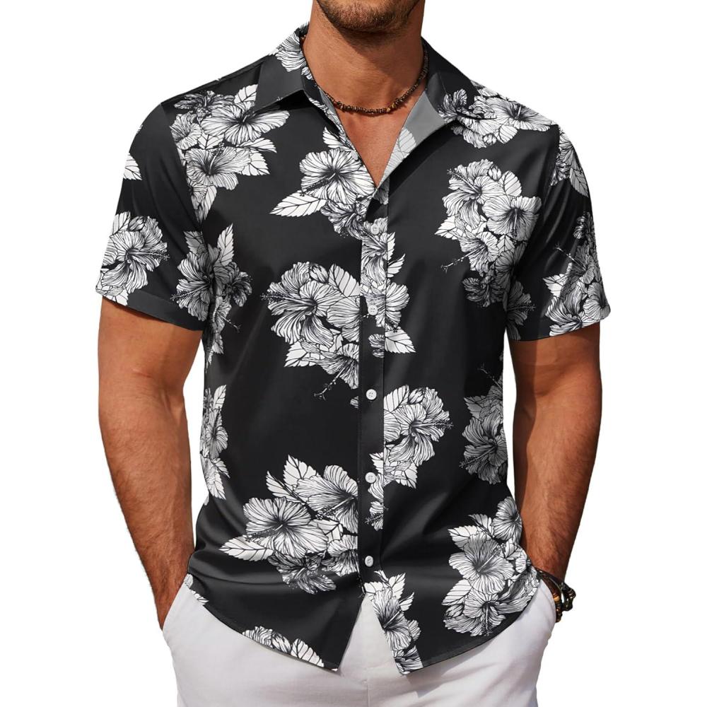 imageCOOFANDY Mens Hawaiian Shirts Short Sleeve Button Down Aloha Shirt Casual Beach ClothesBlack White Flower