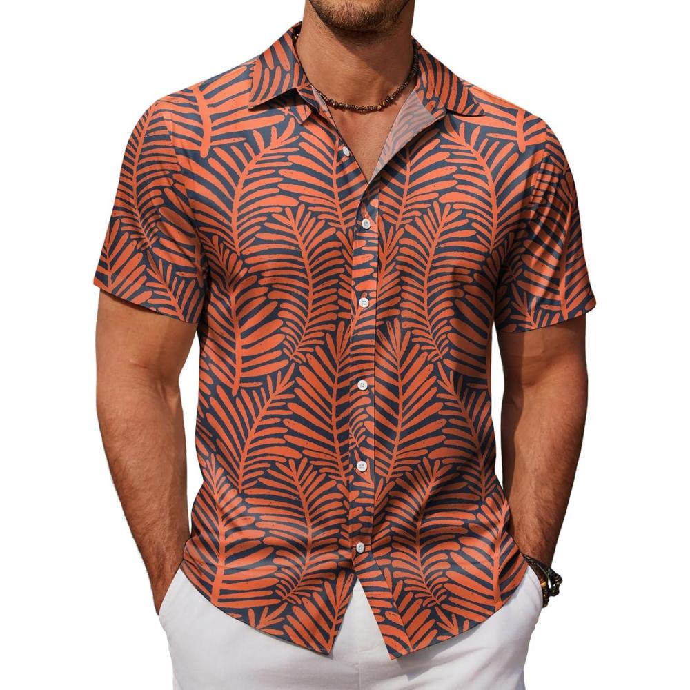 imageCOOFANDY Mens Hawaiian Shirts Short Sleeve Button Down Aloha Shirt Casual Beach ClothesDark Blue Orange Leaves