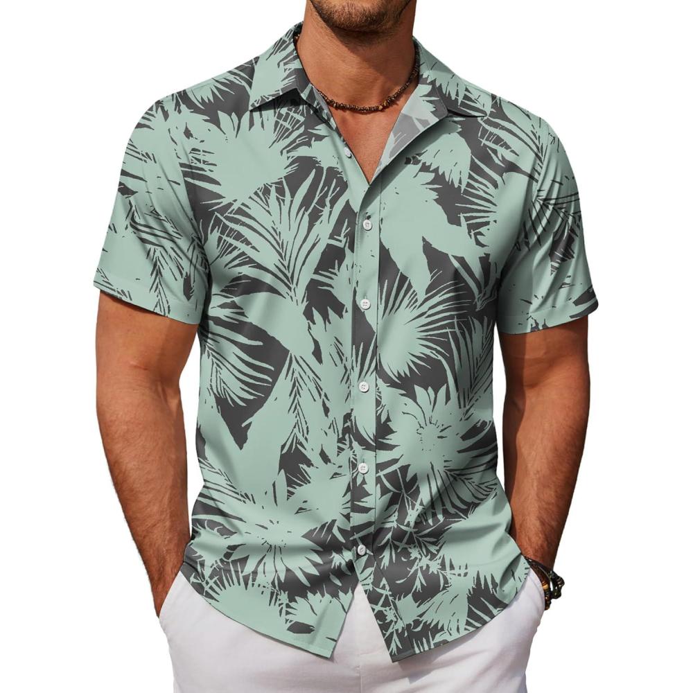 imageCOOFANDY Mens Hawaiian Shirts Short Sleeve Button Down Aloha Shirt Casual Beach ClothesDark Gray  Ice Green Leaves