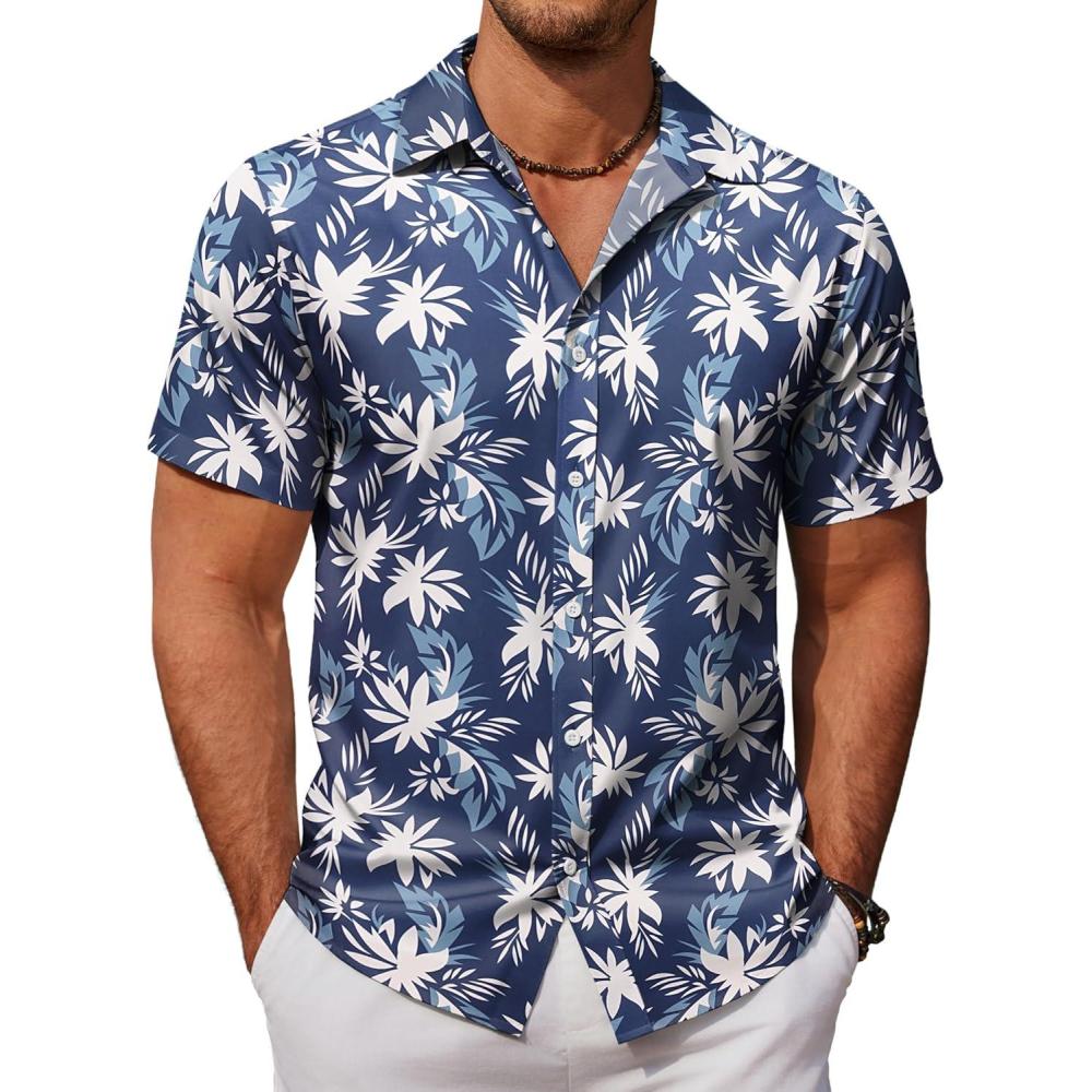imageCOOFANDY Mens Hawaiian Shirts Short Sleeve Button Down Aloha Shirt Casual Beach ClothesNavy Blue White Flower