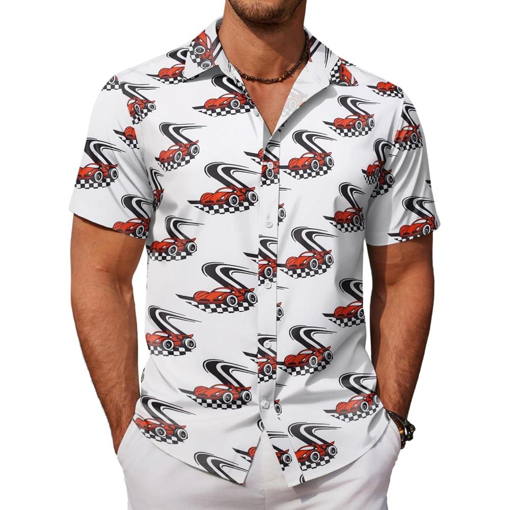imageCOOFANDY Mens Hawaiian Shirts Short Sleeve Button Down Aloha Shirt Casual Beach ClothesPassionate Racing