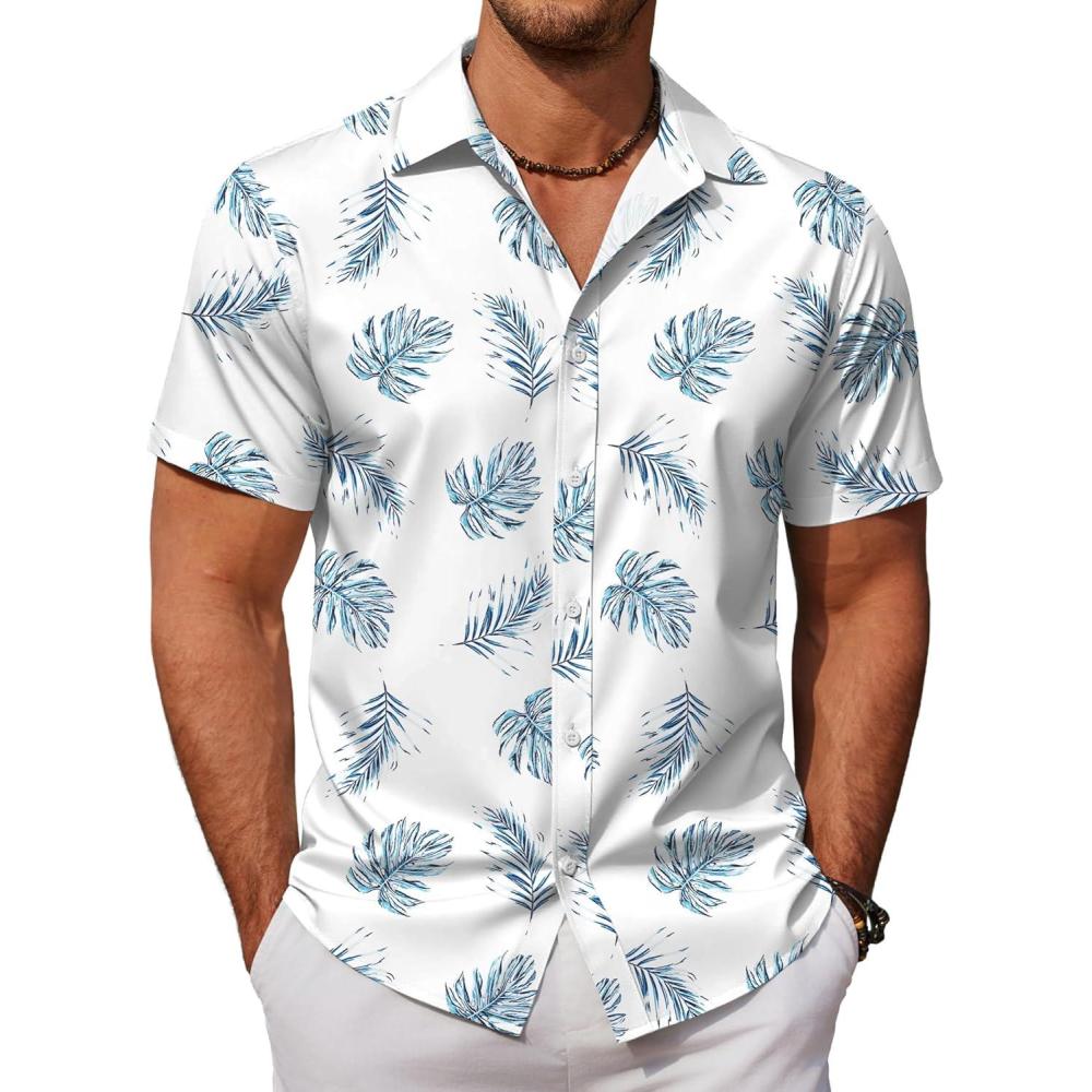 imageCOOFANDY Mens Hawaiian Shirts Short Sleeve Button Down Aloha Shirt Casual Beach ClothesWhite