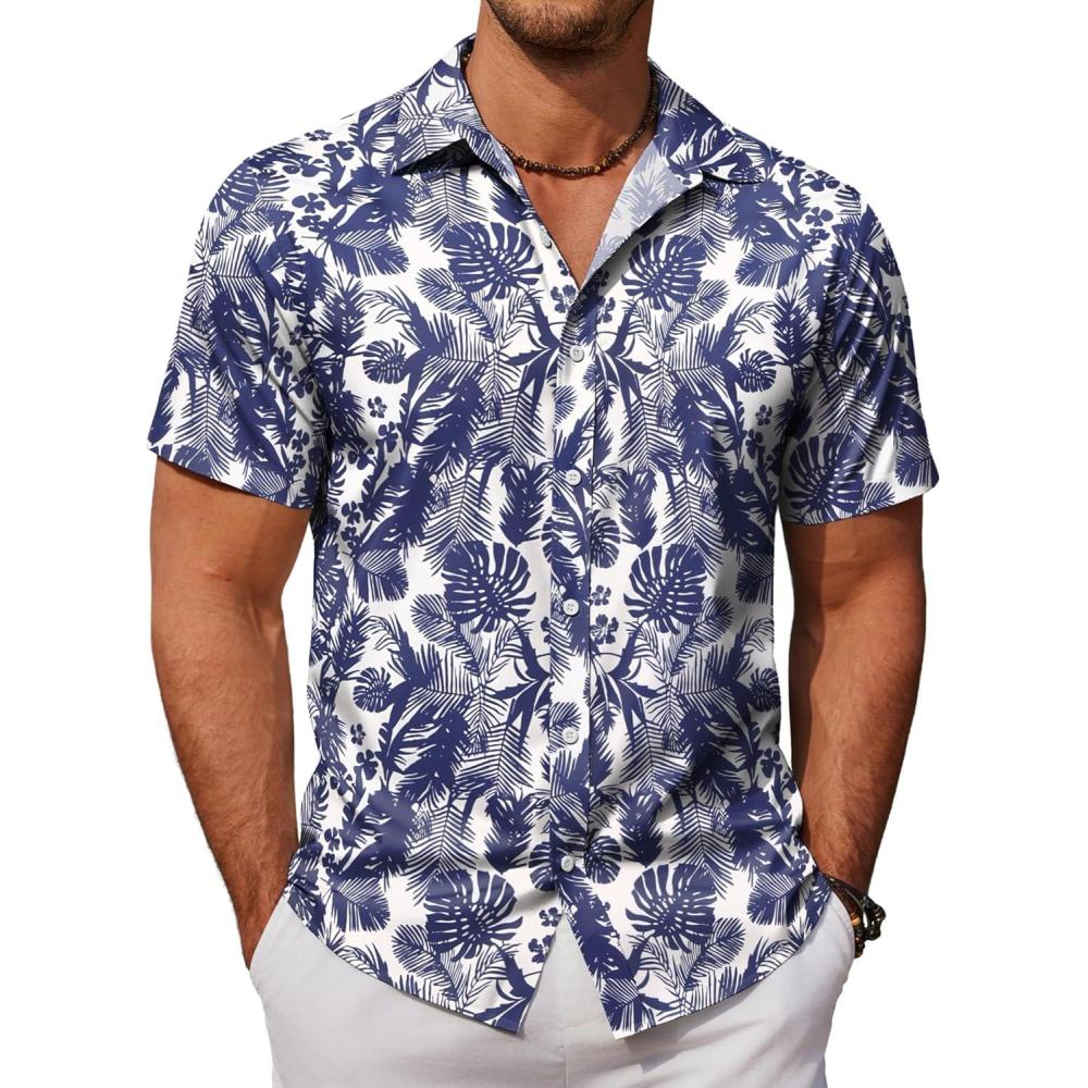 imageCOOFANDY Mens Hawaiian Shirts Short Sleeve Button Down Aloha Shirt Casual Beach ClothesWhite Palm Leaf