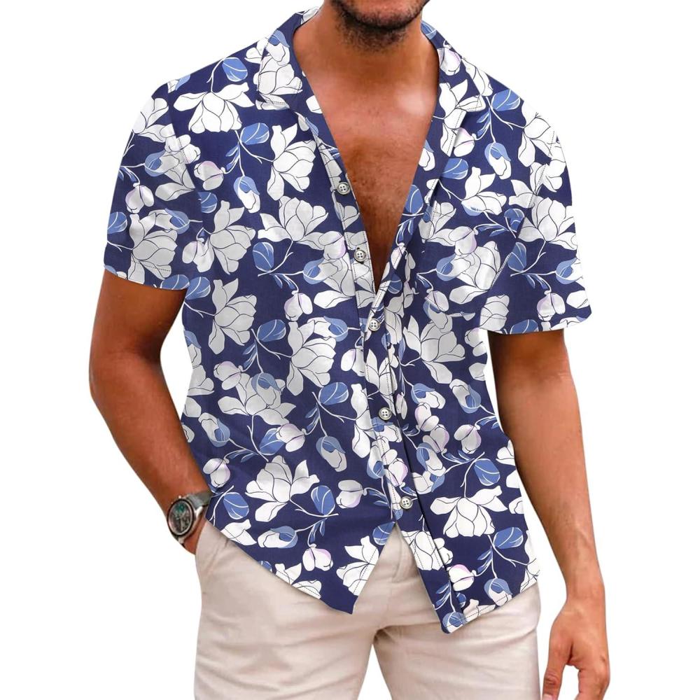 imageCOOFANDY Mens Hawaiian Shirts Short Sleeve Casual Button Down Tropical Beach ShirtB  Navy Blue  White Floral
