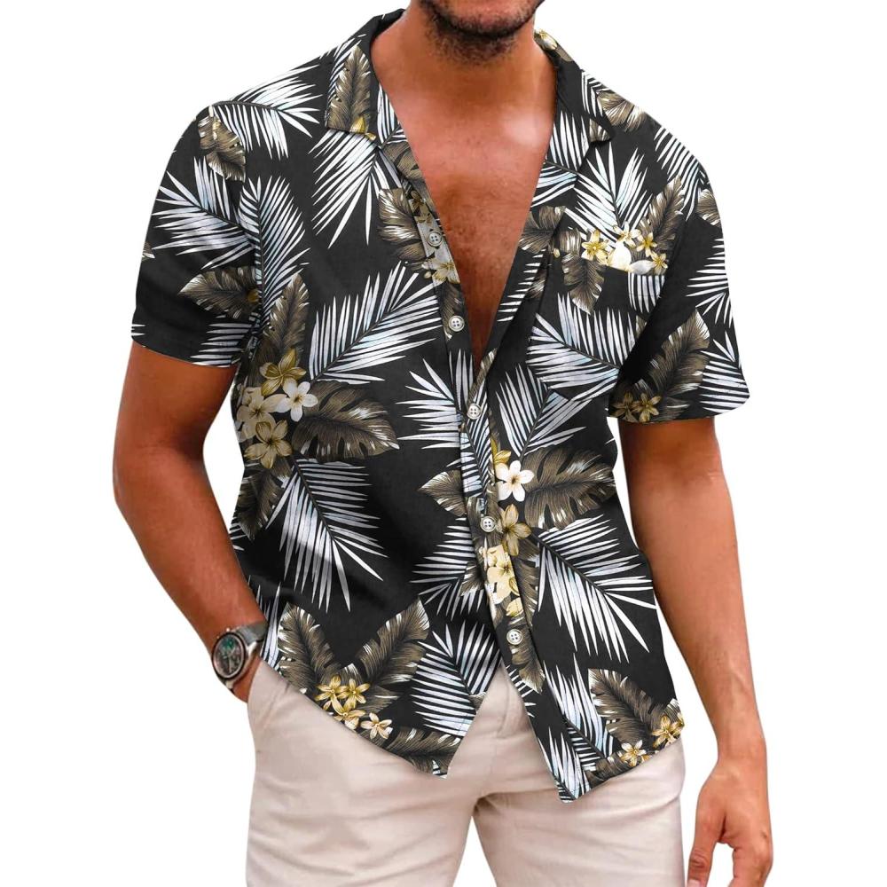 imageCOOFANDY Mens Hawaiian Shirts Short Sleeve Casual Button Down Tropical Beach ShirtBlack  Plam Leaf
