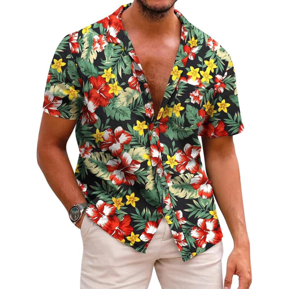 imageCOOFANDY Mens Hawaiian Shirts Short Sleeve Casual Button Down Tropical Beach ShirtBlack  Red Floral