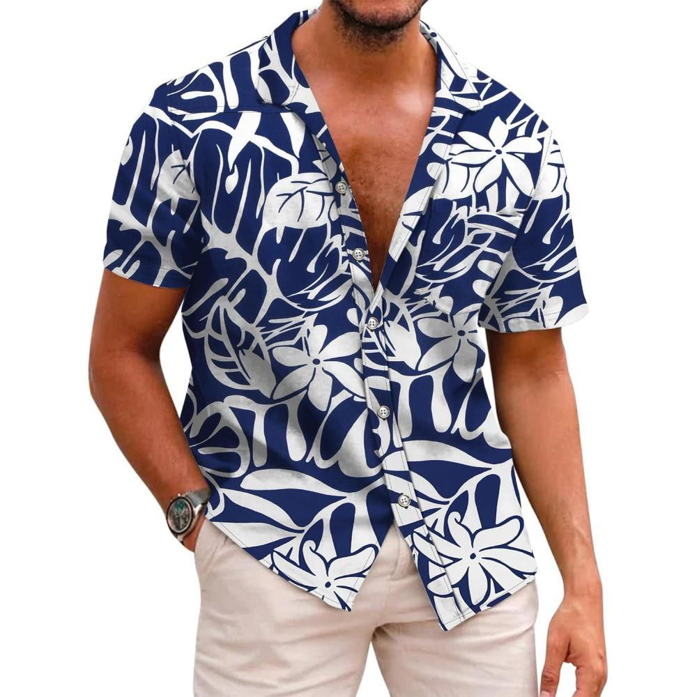 imageCOOFANDY Mens Hawaiian Shirts Short Sleeve Casual Button Down Tropical Beach ShirtBlue  White Floral