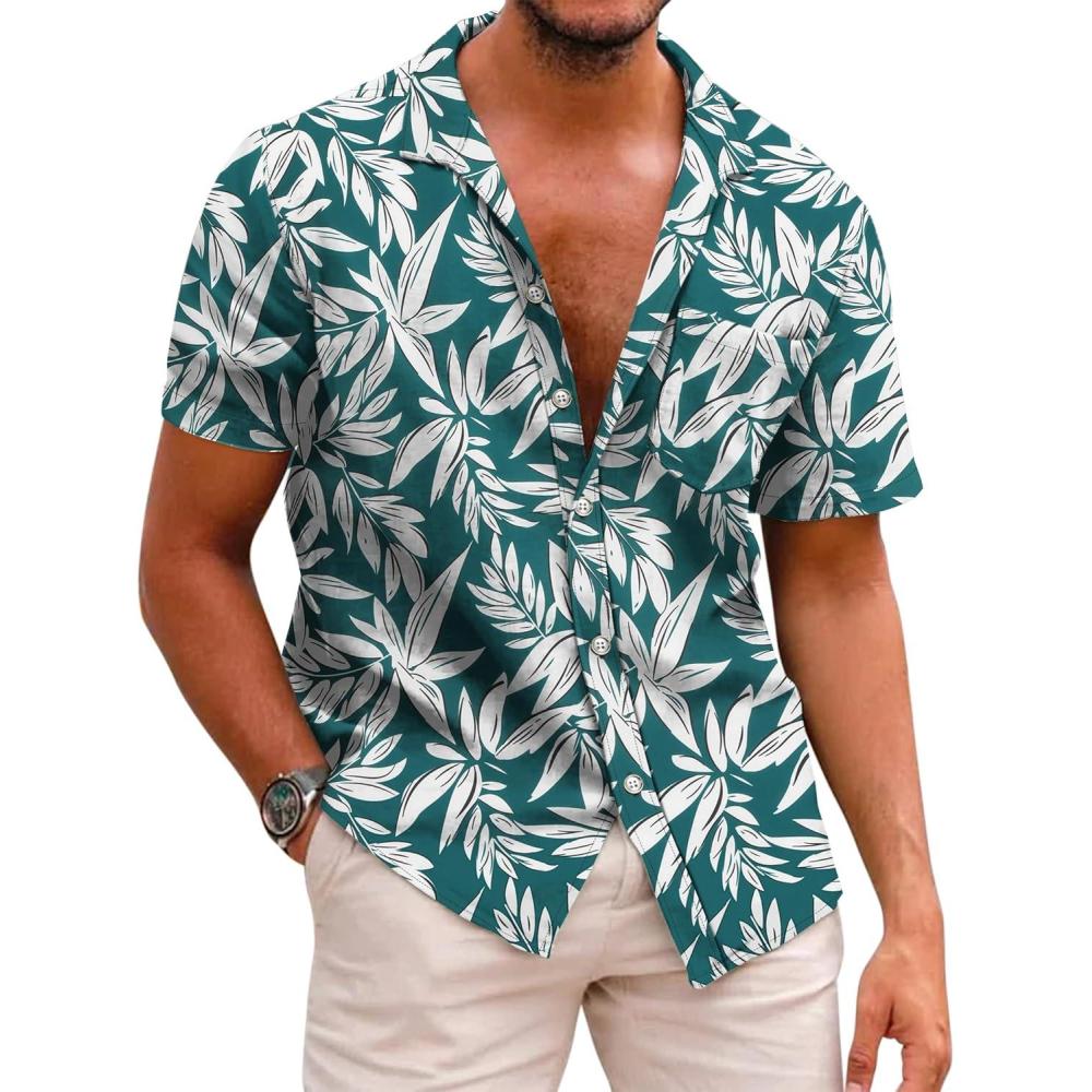 imageCOOFANDY Mens Hawaiian Shirts Short Sleeve Casual Button Down Tropical Beach ShirtGreen  White Leaf