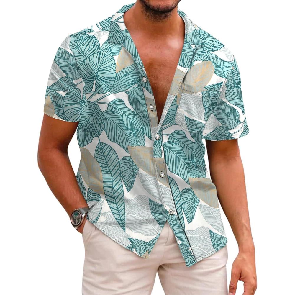 imageCOOFANDY Mens Hawaiian Shirts Short Sleeve Casual Button Down Tropical Beach ShirtGreen  Yellow Leaf