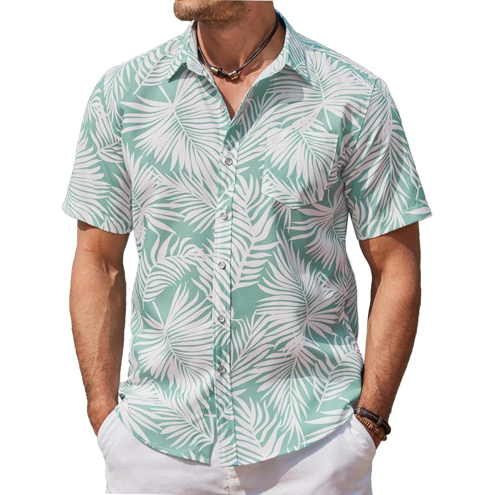 imageCOOFANDY Mens Hawaiian Shirts Short Sleeve Casual Button Down Tropical Beach ShirtLight Green  White Leaf