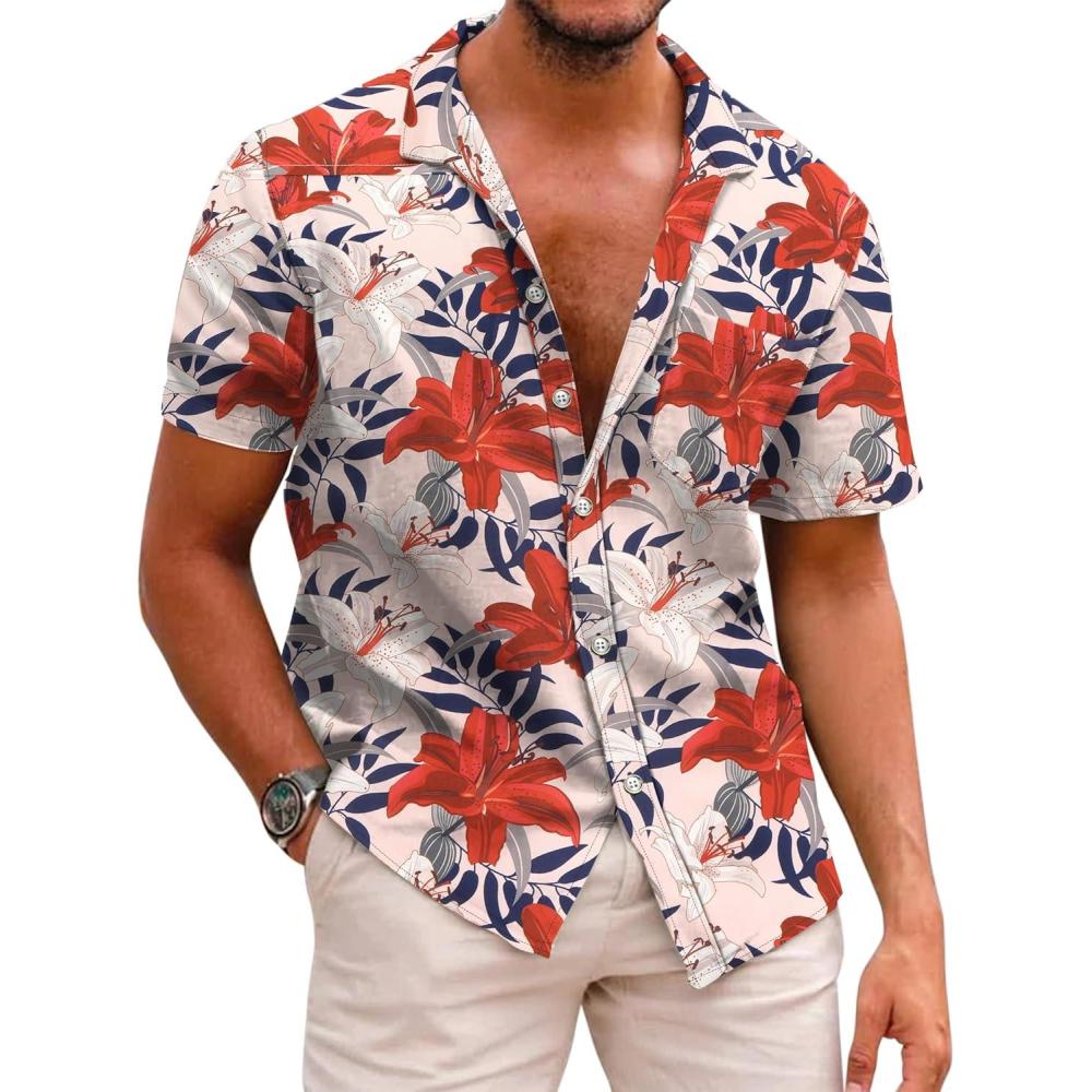 imageCOOFANDY Mens Hawaiian Shirts Short Sleeve Casual Button Down Tropical Beach ShirtPink  Red Floral