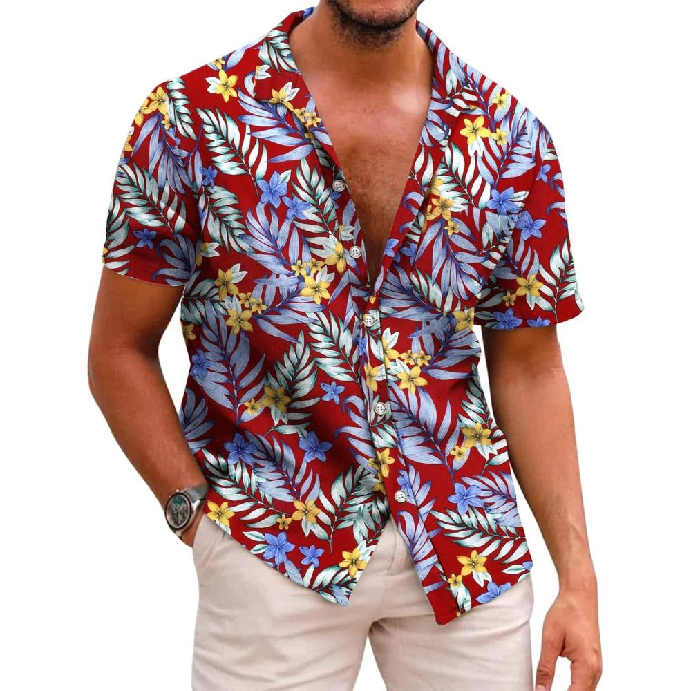 imageCOOFANDY Mens Hawaiian Shirts Short Sleeve Casual Button Down Tropical Beach ShirtRed  Blue Leaf