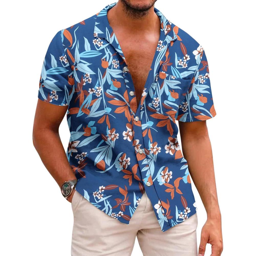 imageCOOFANDY Mens Hawaiian Shirts Short Sleeve Casual Button Down Tropical Beach ShirtRoyal Blue  Red Leaf
