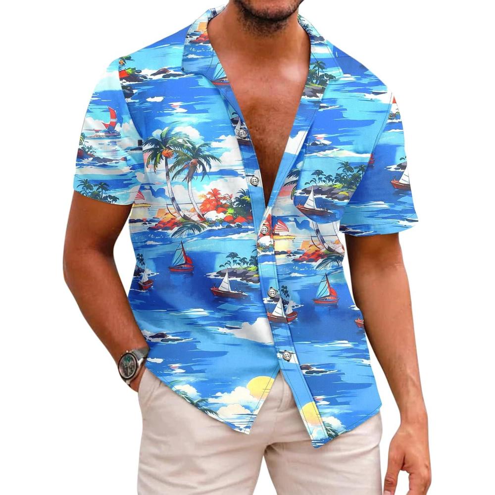imageCOOFANDY Mens Hawaiian Shirts Short Sleeve Casual Button Down Tropical Beach ShirtSea Blue