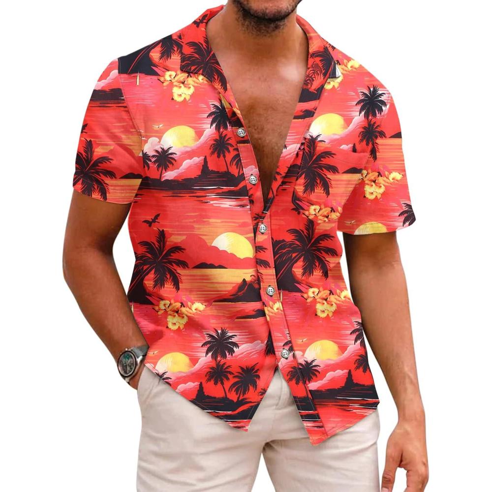 imageCOOFANDY Mens Hawaiian Shirts Short Sleeve Casual Button Down Tropical Beach ShirtSunset Red