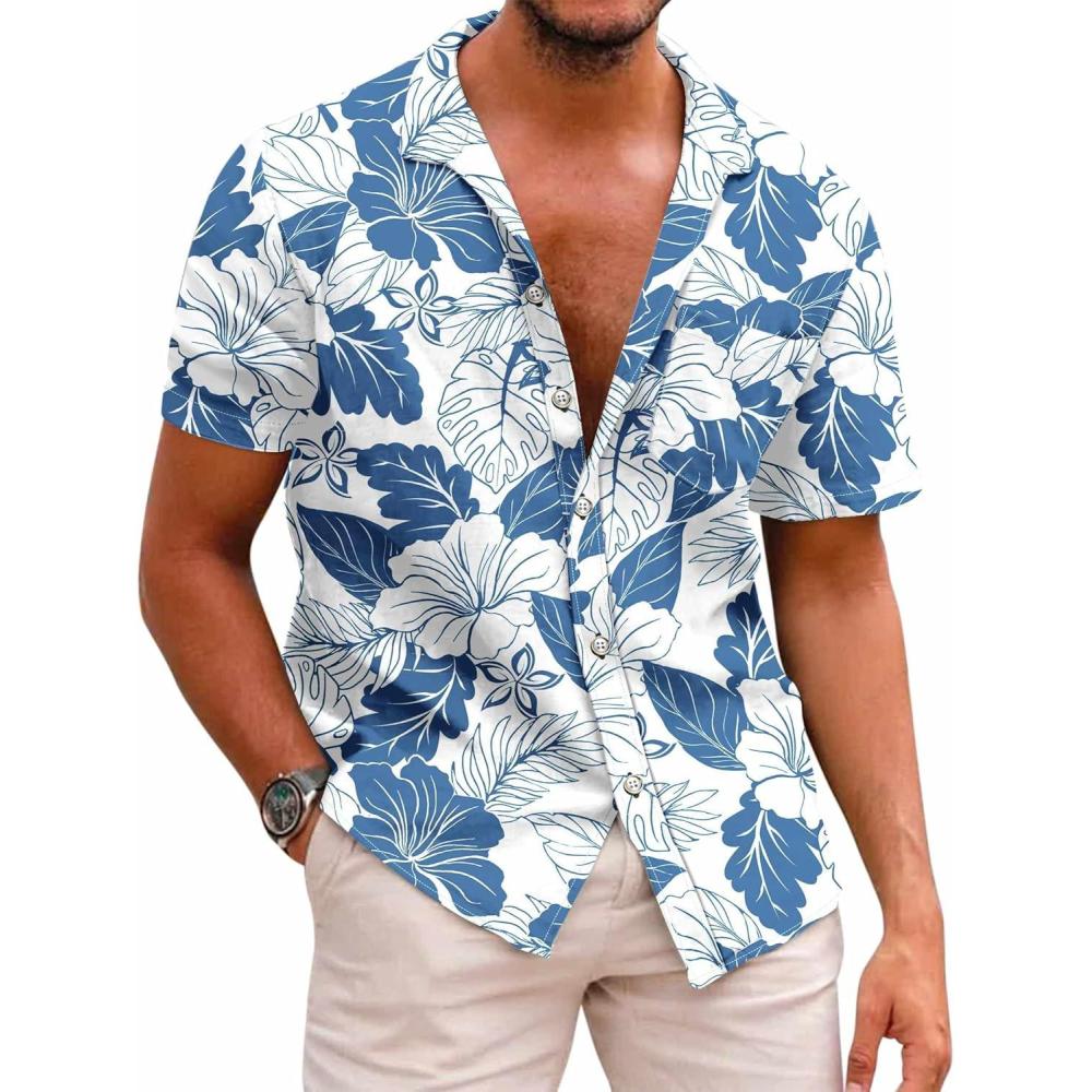 imageCOOFANDY Mens Hawaiian Shirts Short Sleeve Casual Button Down Tropical Beach ShirtWhite  Blue Floral