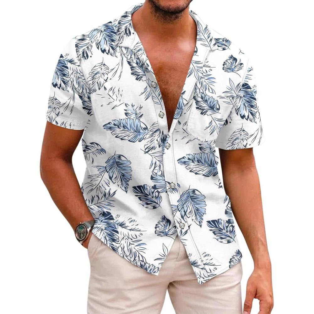 imageCOOFANDY Mens Hawaiian Shirts Short Sleeve Casual Button Down Tropical Beach ShirtWhite  Light Blue Leaf