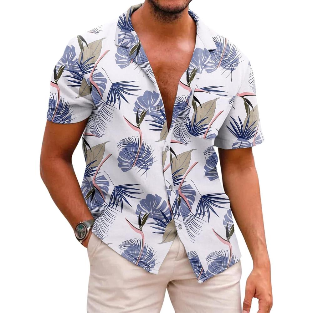imageCOOFANDY Mens Hawaiian Shirts Short Sleeve Casual Button Down Tropical Beach ShirtWhite  Purple Leaf