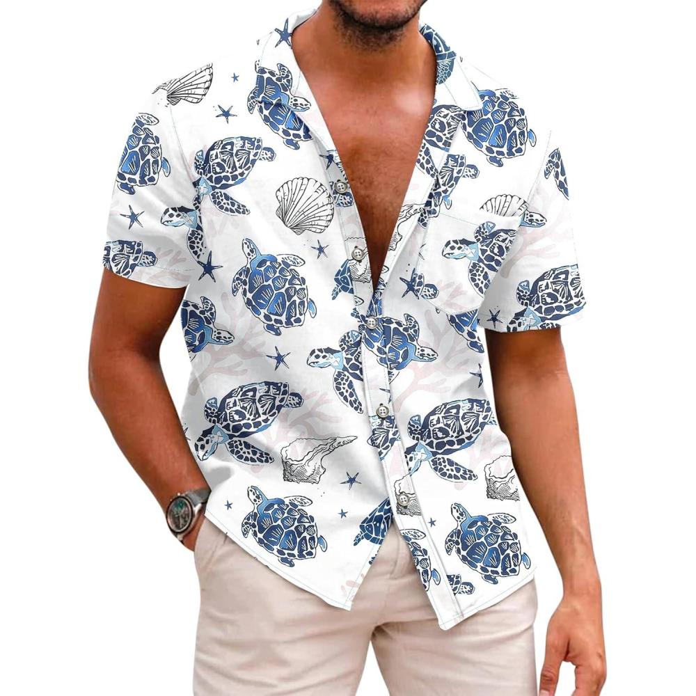 imageCOOFANDY Mens Hawaiian Shirts Short Sleeve Casual Button Down Tropical Beach ShirtWhite  Sea Turtles