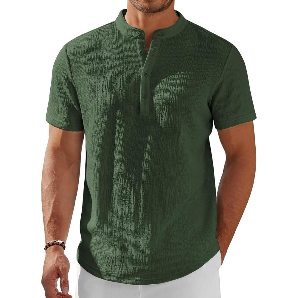 imageCOOFANDY Mens Henley Shirt Short Sleeve Stand Collar Summer Casual Beach Hippie TShirtsArmy Green
