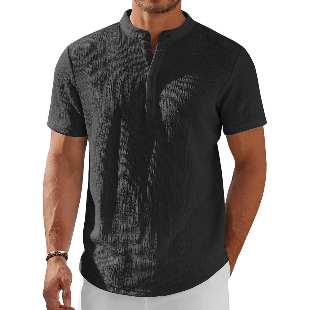 imageCOOFANDY Mens Henley Shirt Short Sleeve Stand Collar Summer Casual Beach Hippie TShirtsBlack