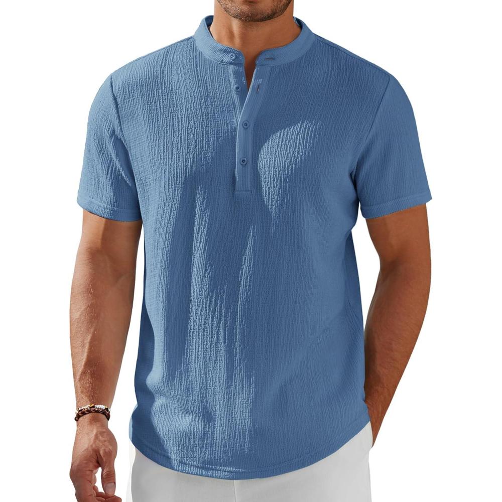 imageCOOFANDY Mens Henley Shirt Short Sleeve Stand Collar Summer Casual Beach Hippie TShirtsGrey Blue