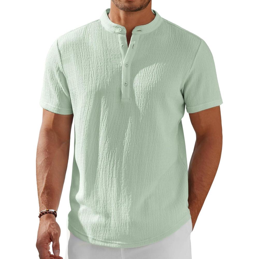 imageCOOFANDY Mens Henley Shirt Short Sleeve Stand Collar Summer Casual Beach Hippie TShirtsIce Green
