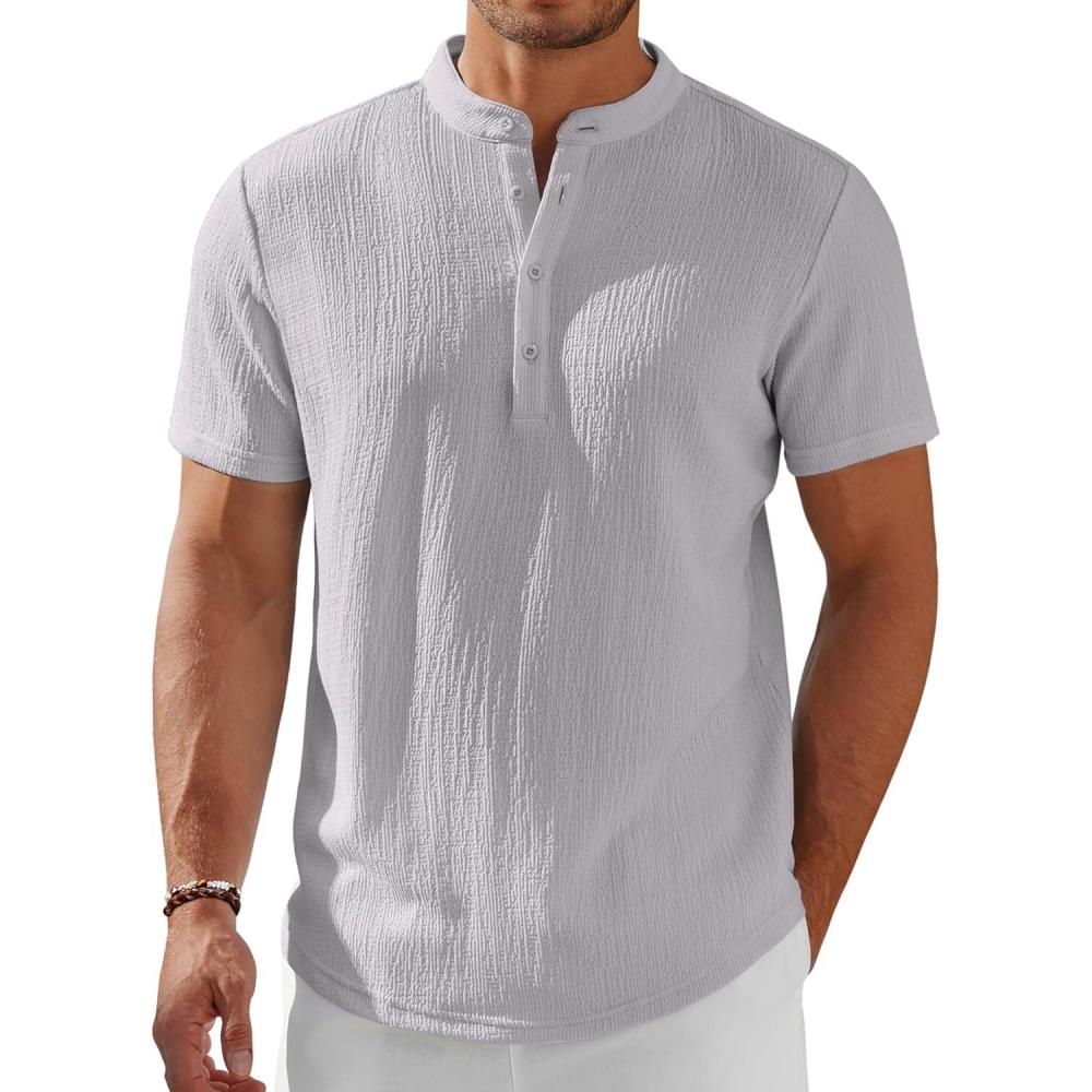 imageCOOFANDY Mens Henley Shirt Short Sleeve Stand Collar Summer Casual Beach Hippie TShirtsLight Grey