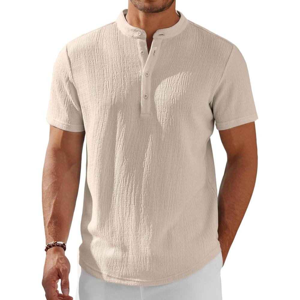 imageCOOFANDY Mens Henley Shirt Short Sleeve Stand Collar Summer Casual Beach Hippie TShirtsLight Khaki