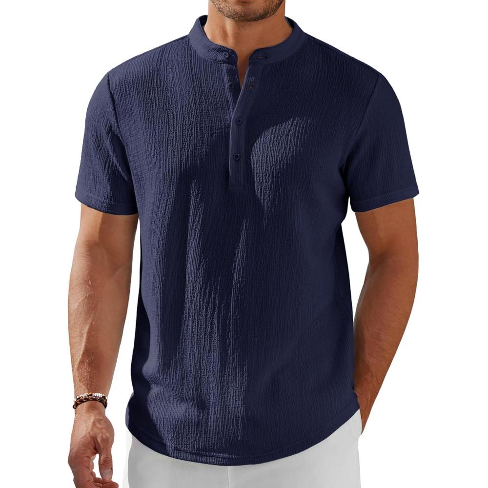 imageCOOFANDY Mens Henley Shirt Short Sleeve Stand Collar Summer Casual Beach Hippie TShirtsNavy Blue