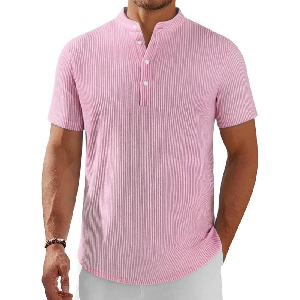 imageCOOFANDY Mens Henley Shirt Short Sleeve Stand Collar Summer Casual Beach Hippie TShirtsStriped Pink  White