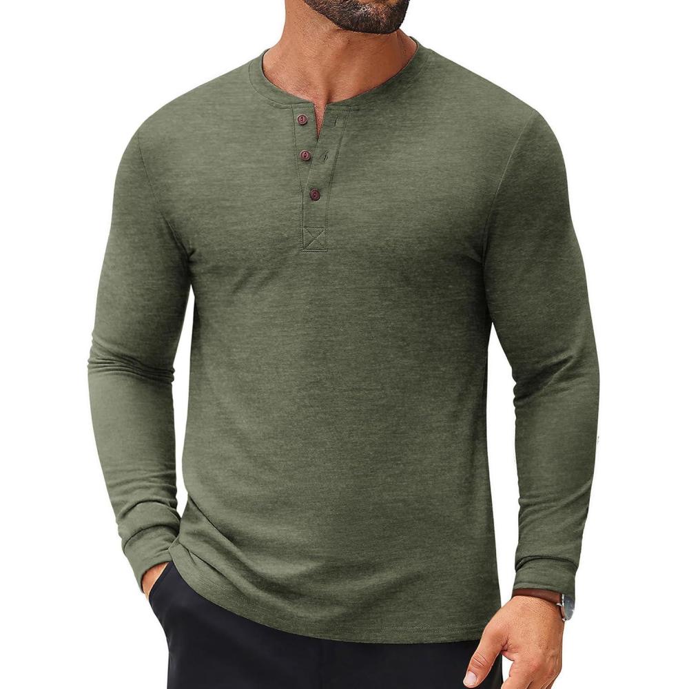 imageCOOFANDY Mens Henley Shirts Long Sleeve Casual Button Shirts Fashion Lightweight Pullover ShirtsArmy Green