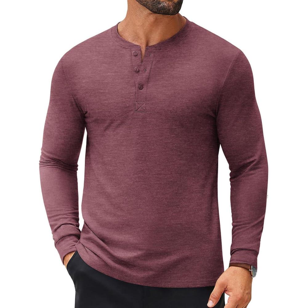 imageCOOFANDY Mens Henley Shirts Long Sleeve Casual Button Shirts Fashion Lightweight Pullover ShirtsWine Red