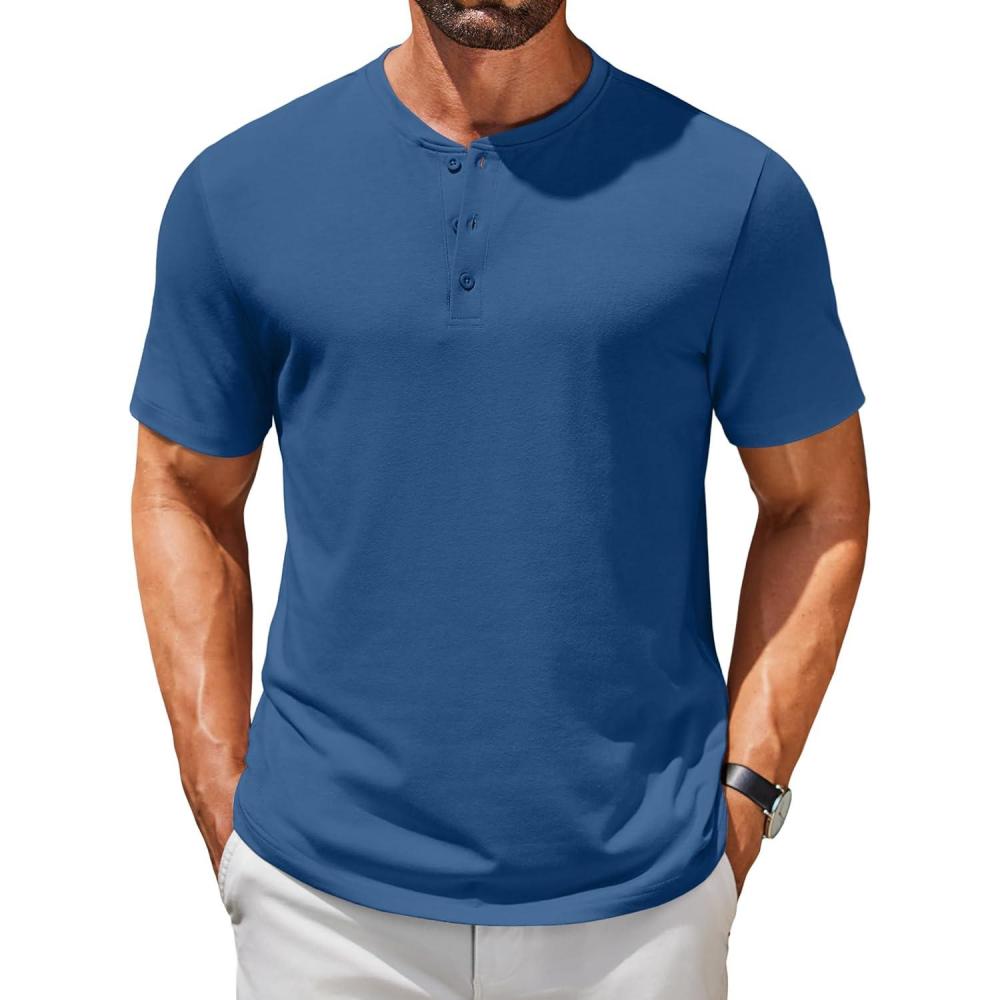 imageCOOFANDY Mens Henley Shirts Short Sleeve Casual Summer Basic T Shirt Soild Button Tee TopAdark Blue