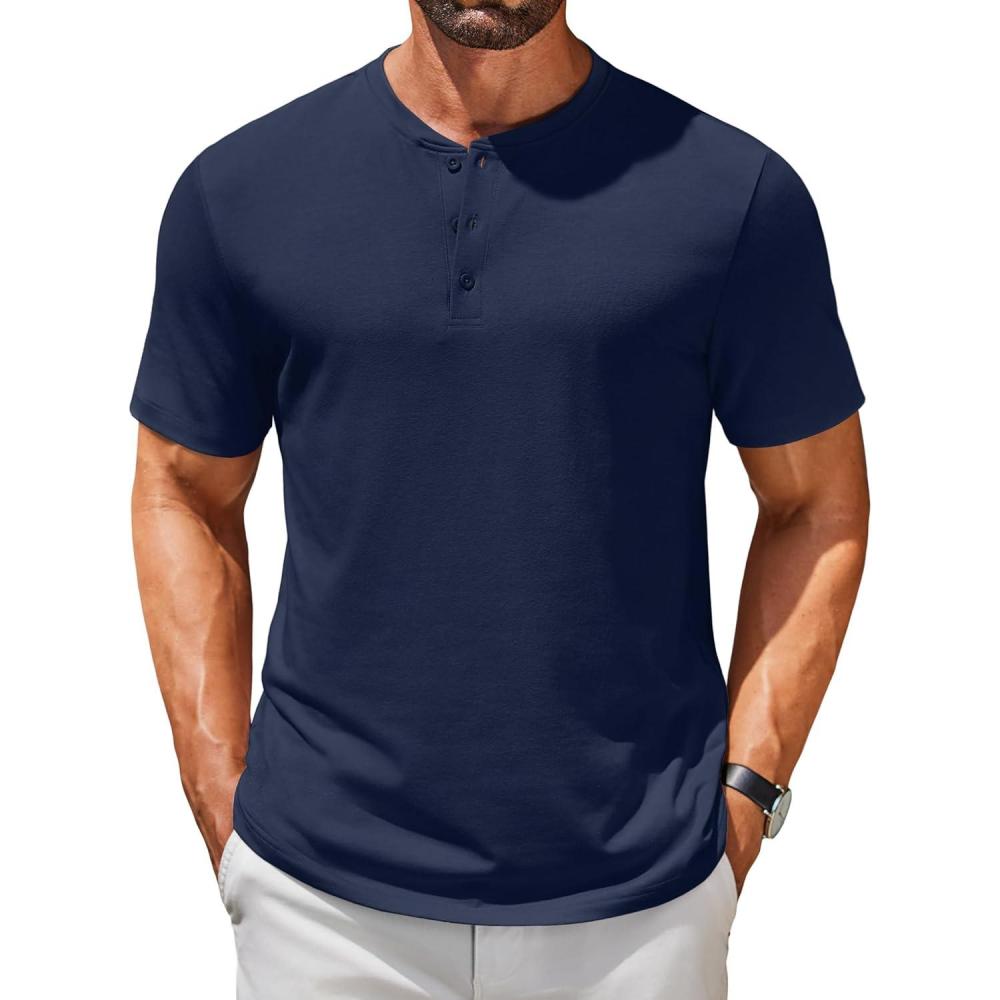 imageCOOFANDY Mens Henley Shirts Short Sleeve Casual Summer Basic T Shirt Soild Button Tee TopAnavy Blue
