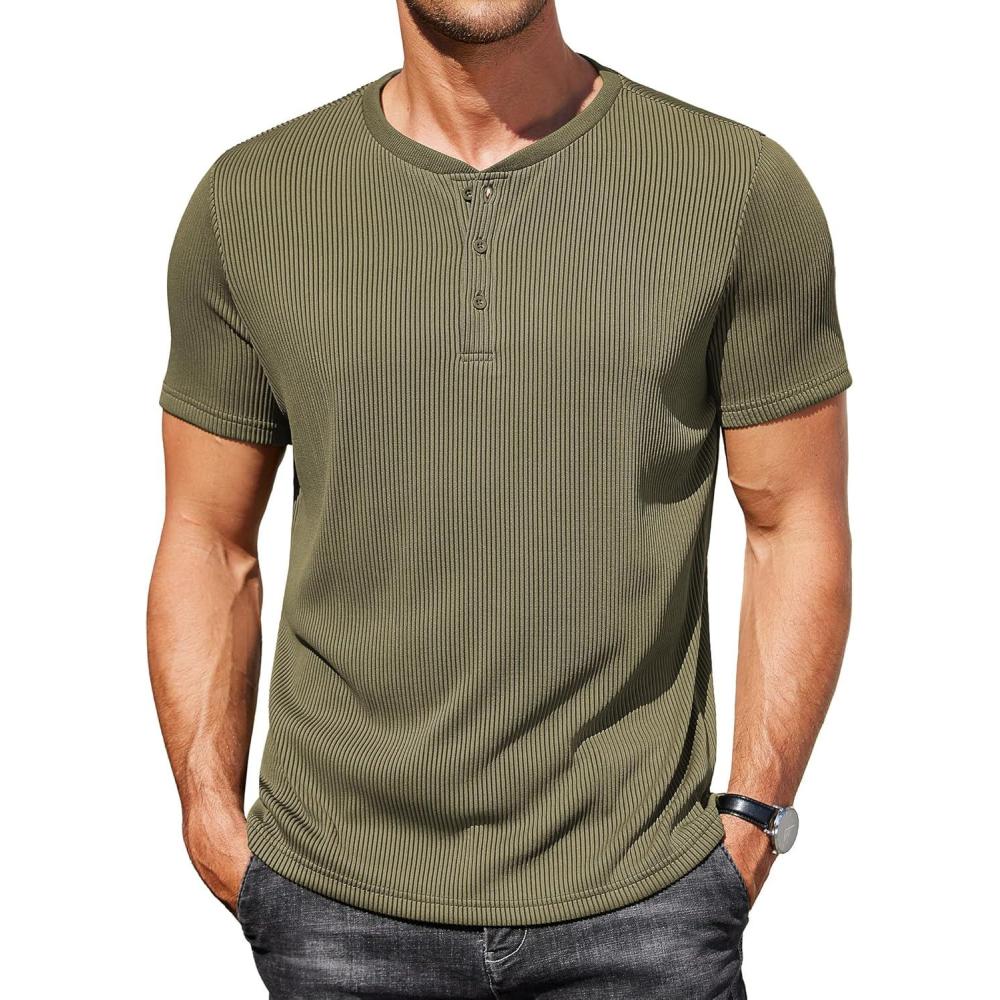 imageCOOFANDY Mens Henley Shirts Short Sleeve Casual Tee Summer Button Henley Soild T ShirtsArmy Green