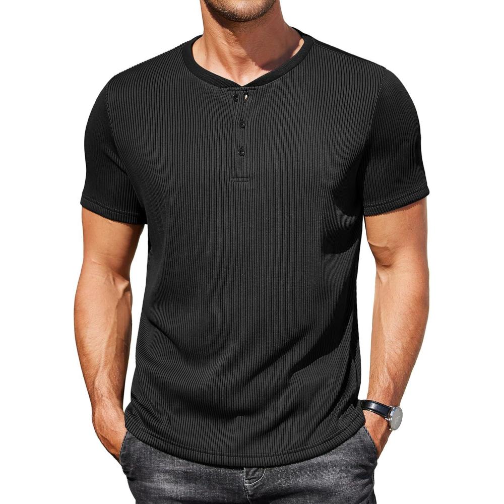 imageCOOFANDY Mens Henley Shirts Short Sleeve Casual Tee Summer Button Henley Soild T ShirtsBlack