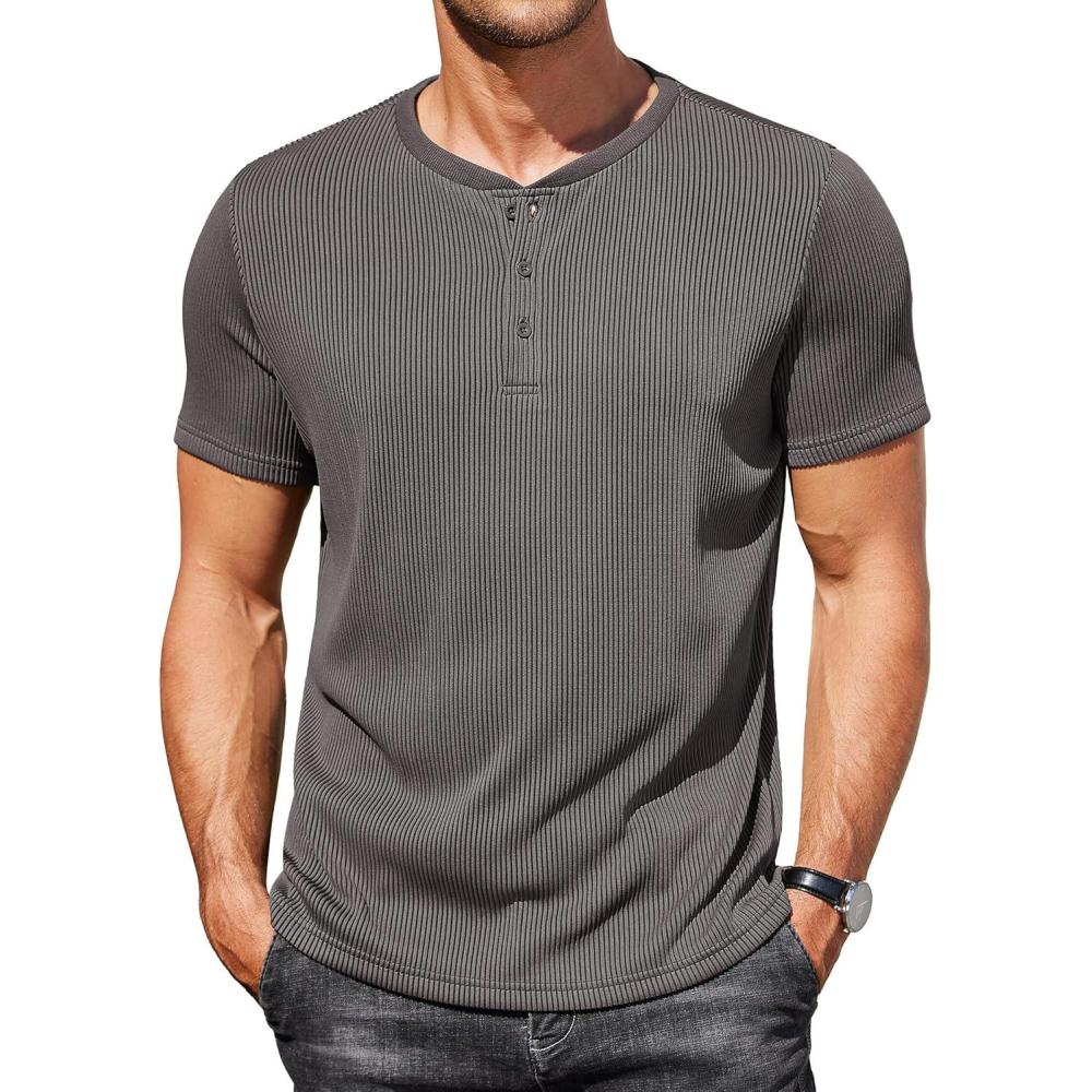 imageCOOFANDY Mens Henley Shirts Short Sleeve Casual Tee Summer Button Henley Soild T ShirtsDark Grey