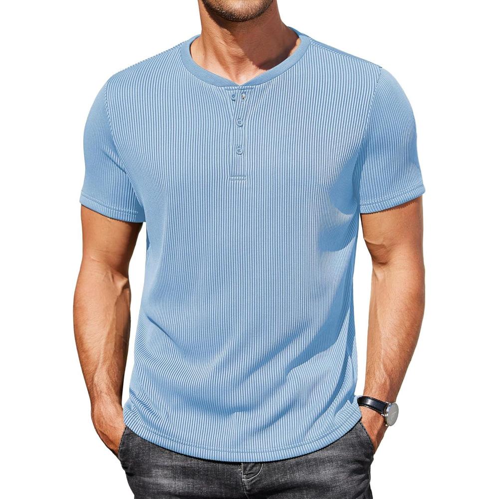 imageCOOFANDY Mens Henley Shirts Short Sleeve Casual Tee Summer Button Henley Soild T ShirtsLight Blue