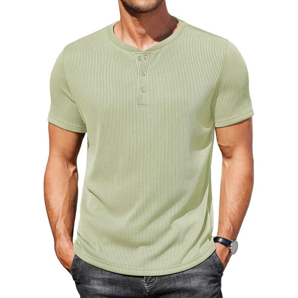 imageCOOFANDY Mens Henley Shirts Short Sleeve Casual Tee Summer Button Henley Soild T ShirtsLight Green