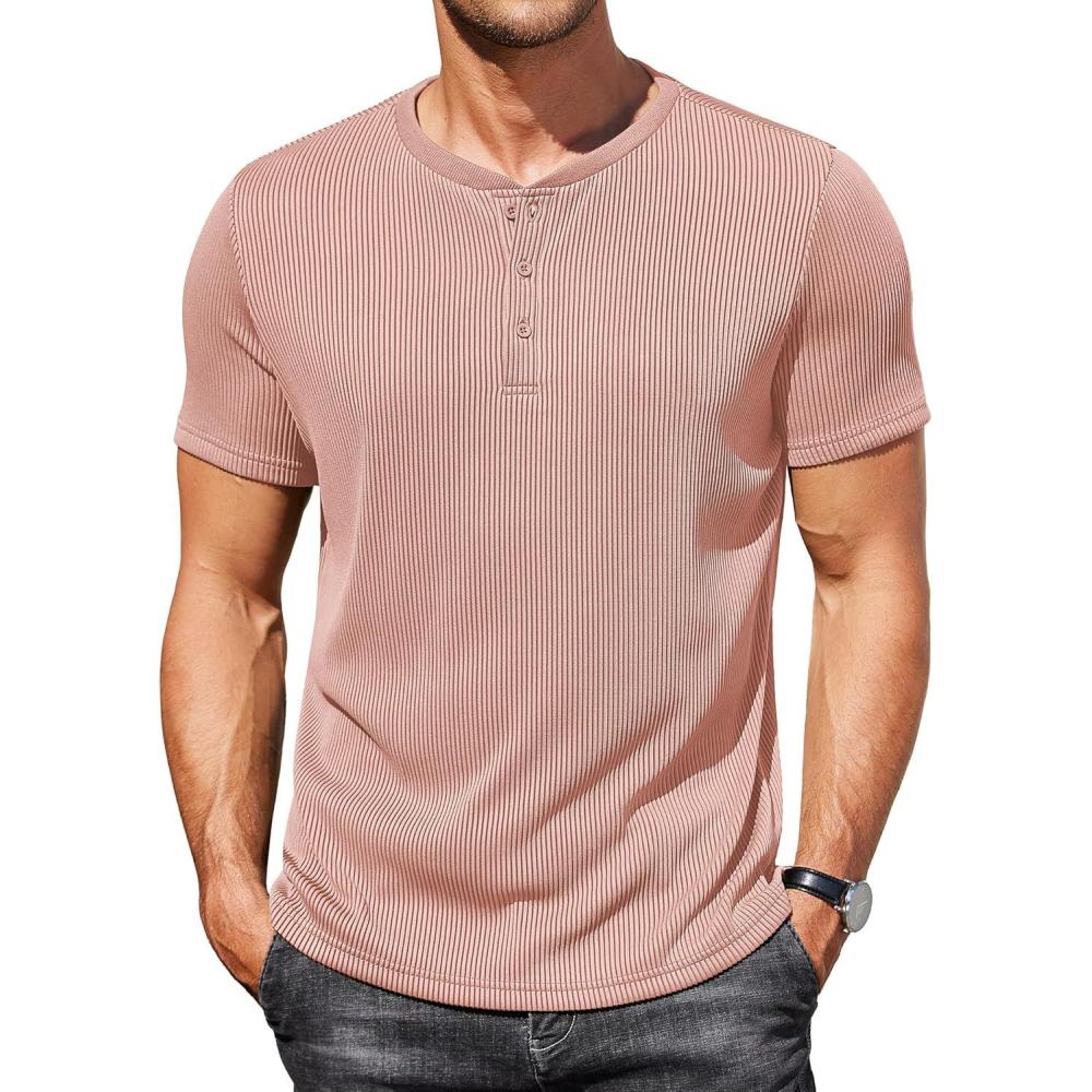 imageCOOFANDY Mens Henley Shirts Short Sleeve Casual Tee Summer Button Henley Soild T ShirtsPink