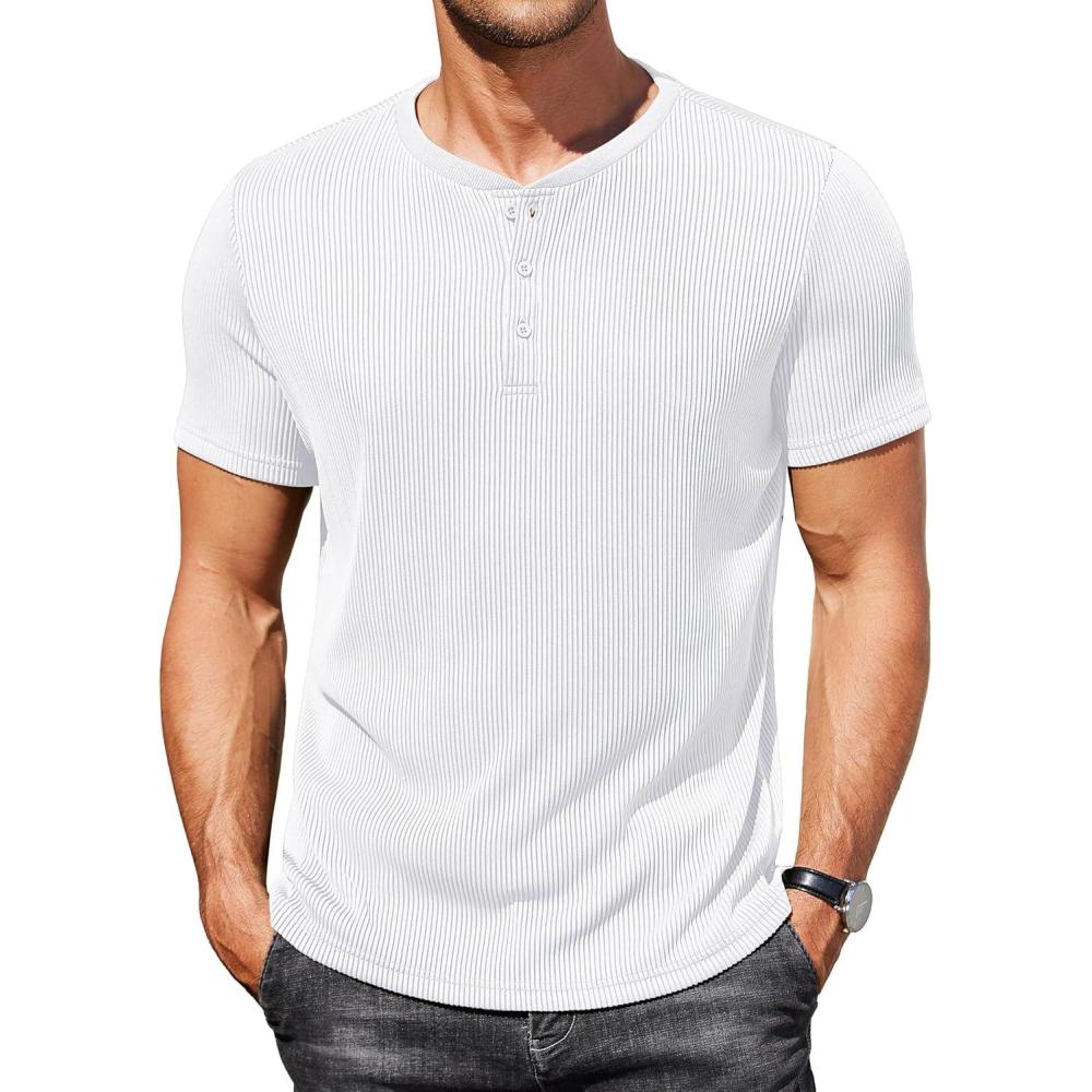 imageCOOFANDY Mens Henley Shirts Short Sleeve Casual Tee Summer Button Henley Soild T ShirtsWhite