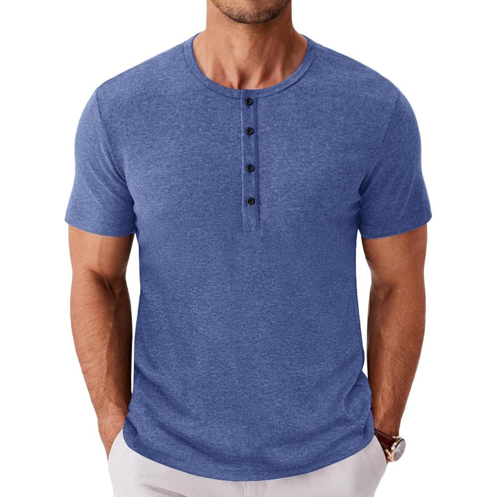 imageCOOFANDY Mens Henley Shirts Short Sleeve Fashion Casual TShirts Summer Button Basic TeeAzure Blue
