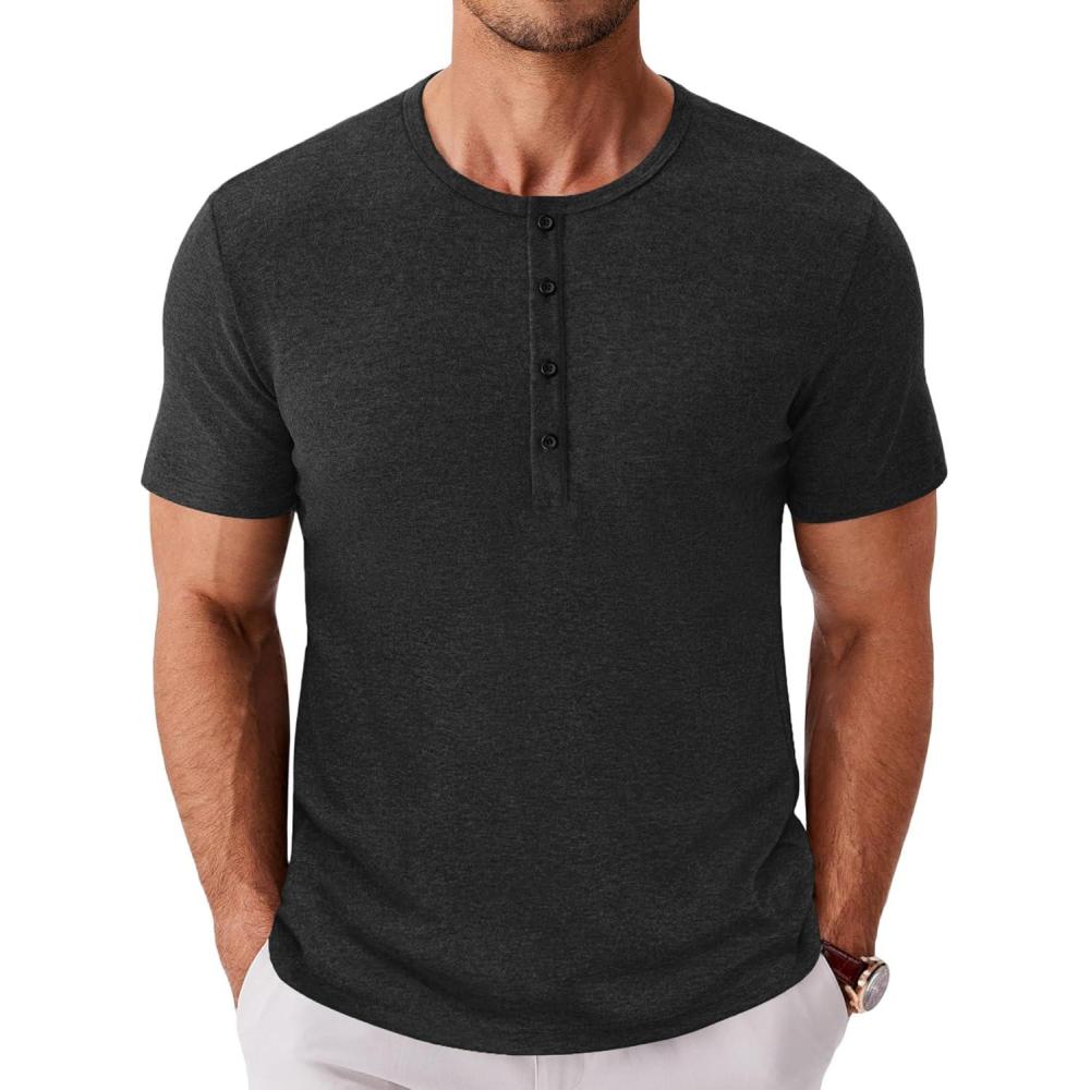 imageCOOFANDY Mens Henley Shirts Short Sleeve Fashion Casual TShirts Summer Button Basic TeeBlack
