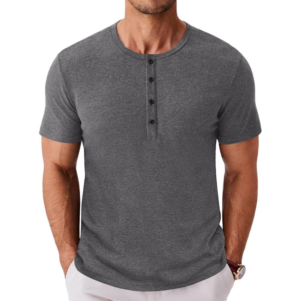 imageCOOFANDY Mens Henley Shirts Short Sleeve Fashion Casual TShirts Summer Button Basic TeeDark Grey