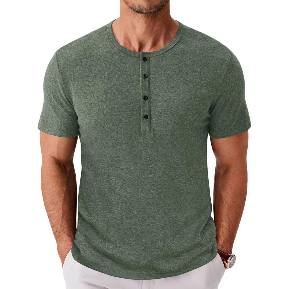 imageCOOFANDY Mens Henley Shirts Short Sleeve Fashion Casual TShirts Summer Button Basic TeeGreen