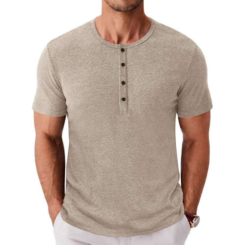 imageCOOFANDY Mens Henley Shirts Short Sleeve Fashion Casual TShirts Summer Button Basic TeeKhaki