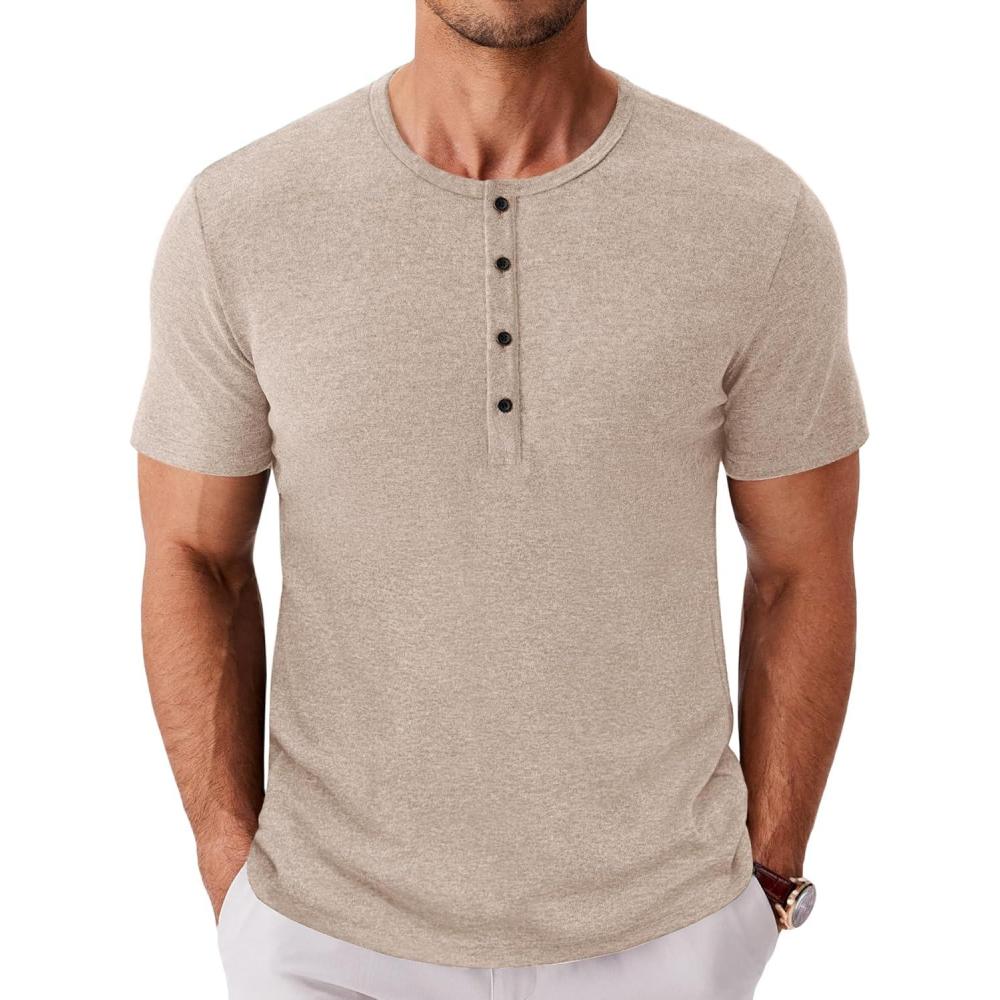imageCOOFANDY Mens Henley Shirts Short Sleeve Fashion Casual TShirts Summer Button Basic TeeLight Khaki
